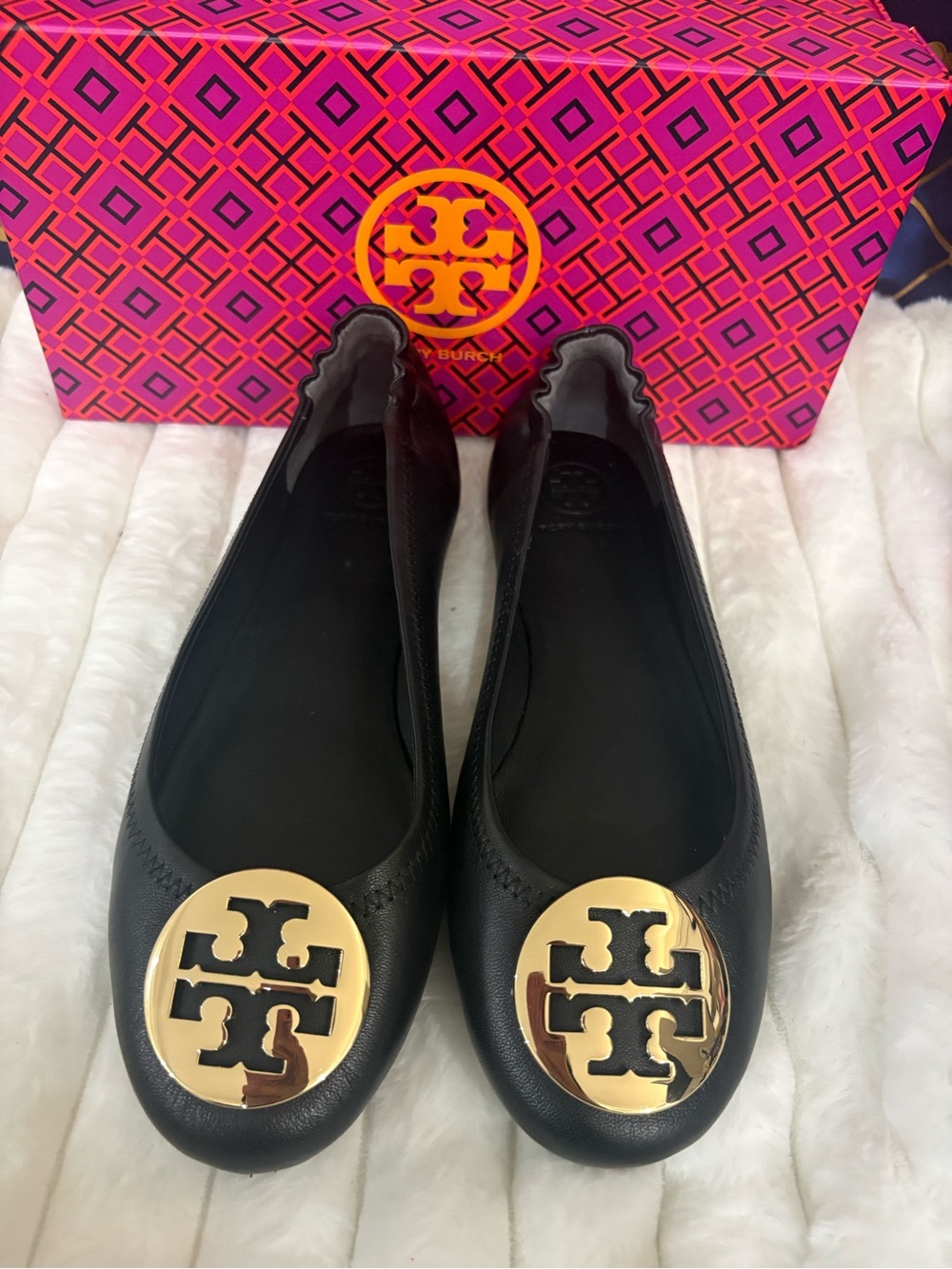 Tory Burch Black Leather Ballet Flats with Gold Logo Medallion
